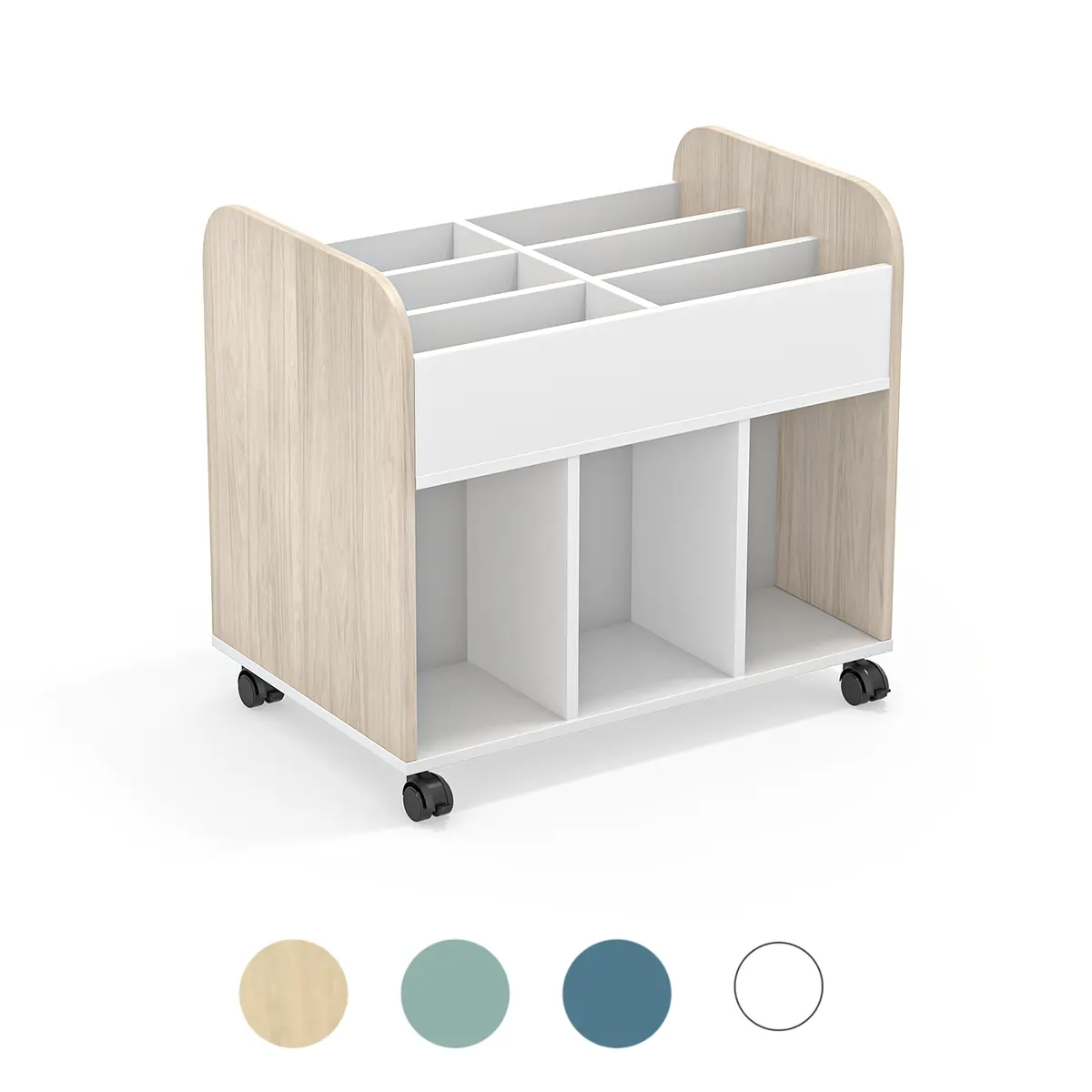 Mobiler Bücherwagen auf Rollen für Schulen und Bildungseinrichtungen.