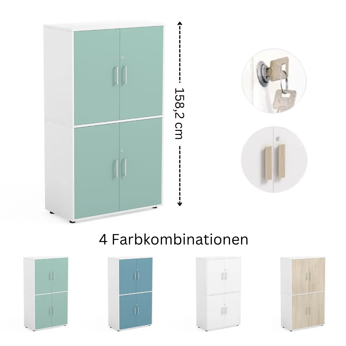 Flügeltürenschrank mit 4 abschließbaren Türen in verschiedenen Farben für Schulen und Büro.