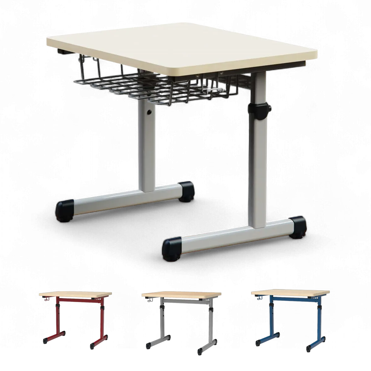 Höhenverstellbarer Schülertisch für eine Person mit ergonomischer Arbeitsplatte.