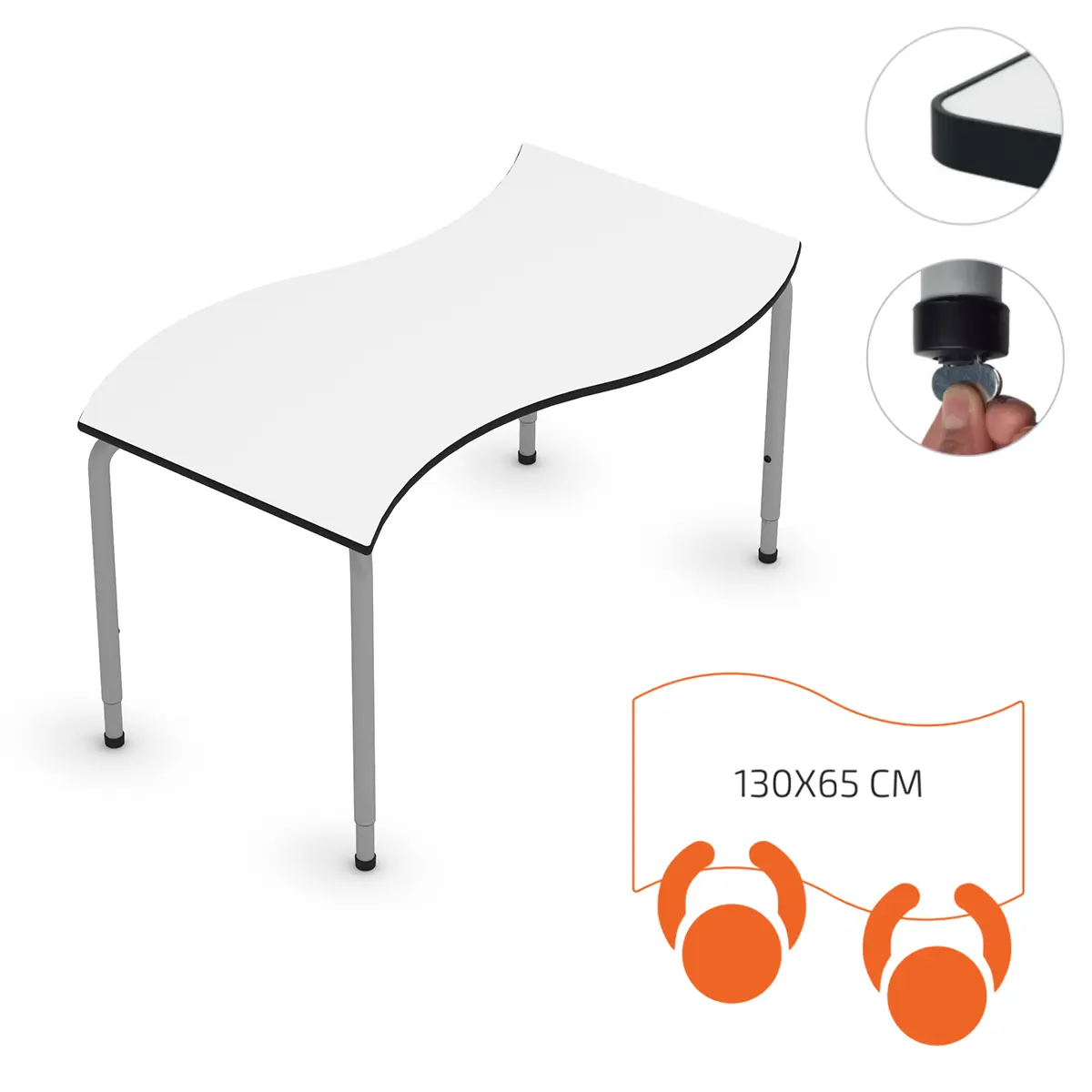 Höhenverstellbarer Schultisch in Wellenform für zwei Personen.