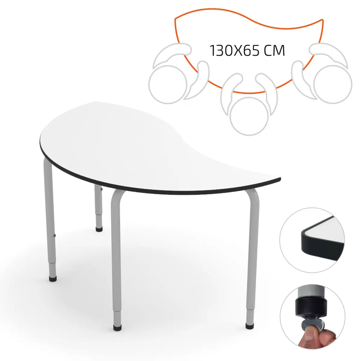 Halbrunder Schultisch höhenverstellbar mit ergonomischer Arbeitsfläche.