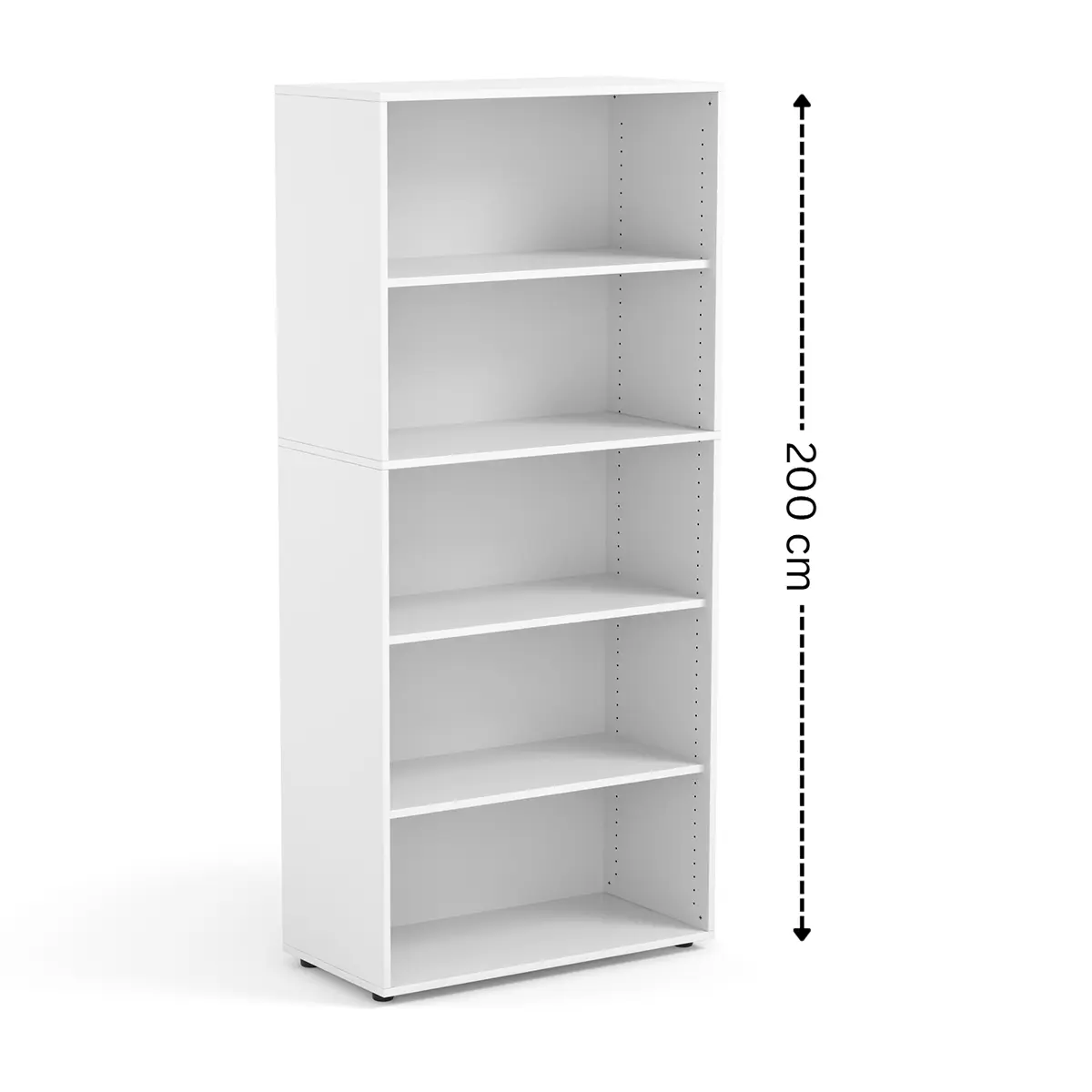Hohes Regal mit 200 cm Höhe und 5 offenen Fächern für vielseitige Aufbewahrung.