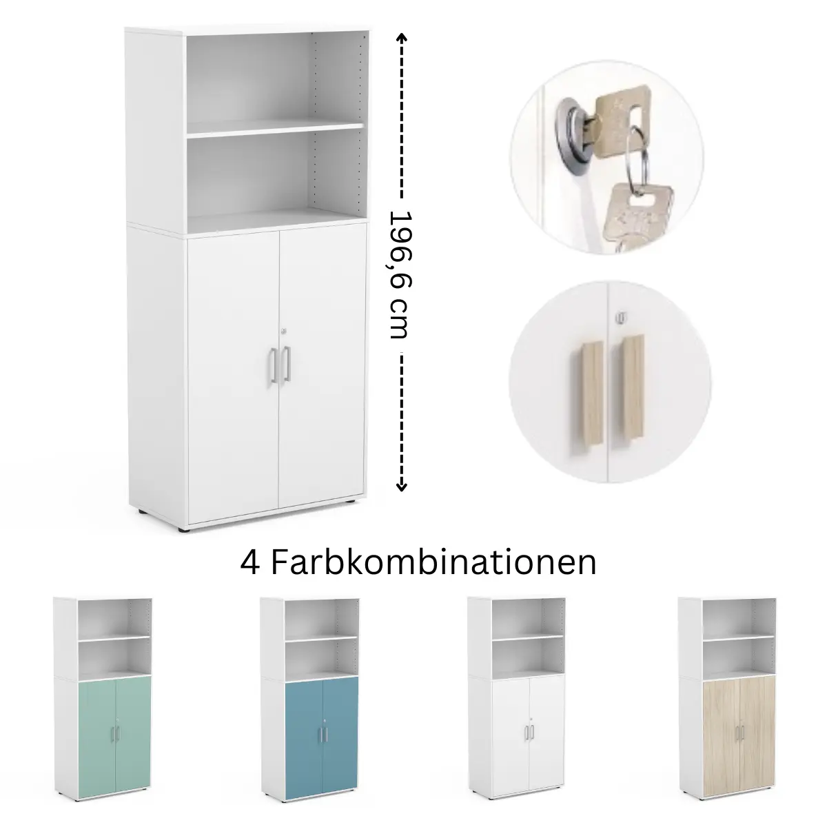 Hoher Klassenzimmerschrank mit abschließbaren Türen und 5 Fächern.