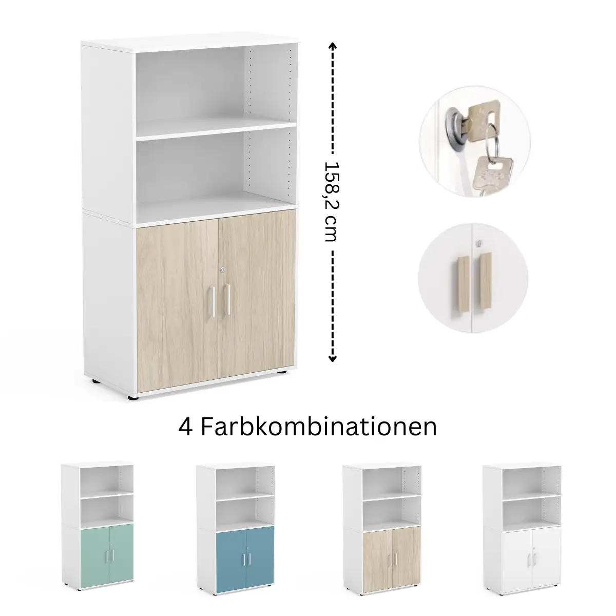 Klassenzimmerschrank 160 cm mit offenen Fächern und abschließbaren Flügeltüren.