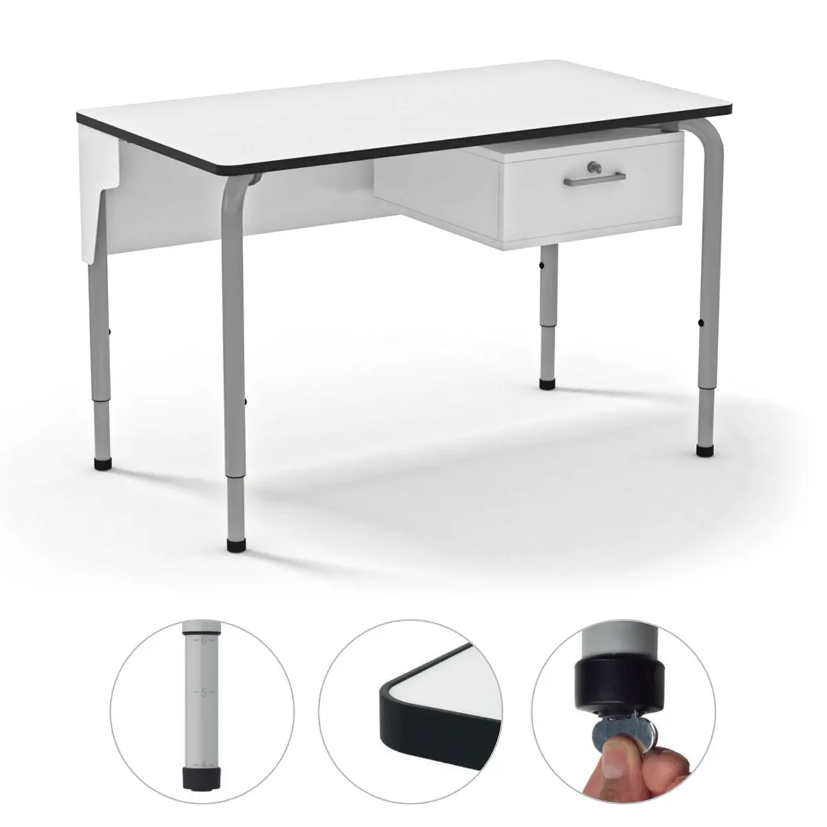 Höhenverstellbares Lehrerpult mit abschließbarem Schubfach für sichere Aufbewahrung.