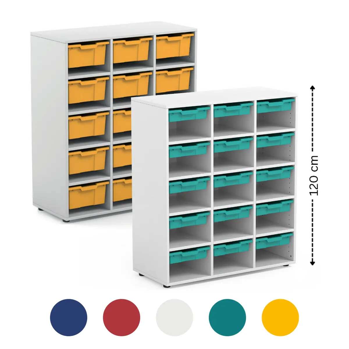Materialcontainer mit 15 farbigen Kunststoffschüben für organisierte Aufbewahrung.