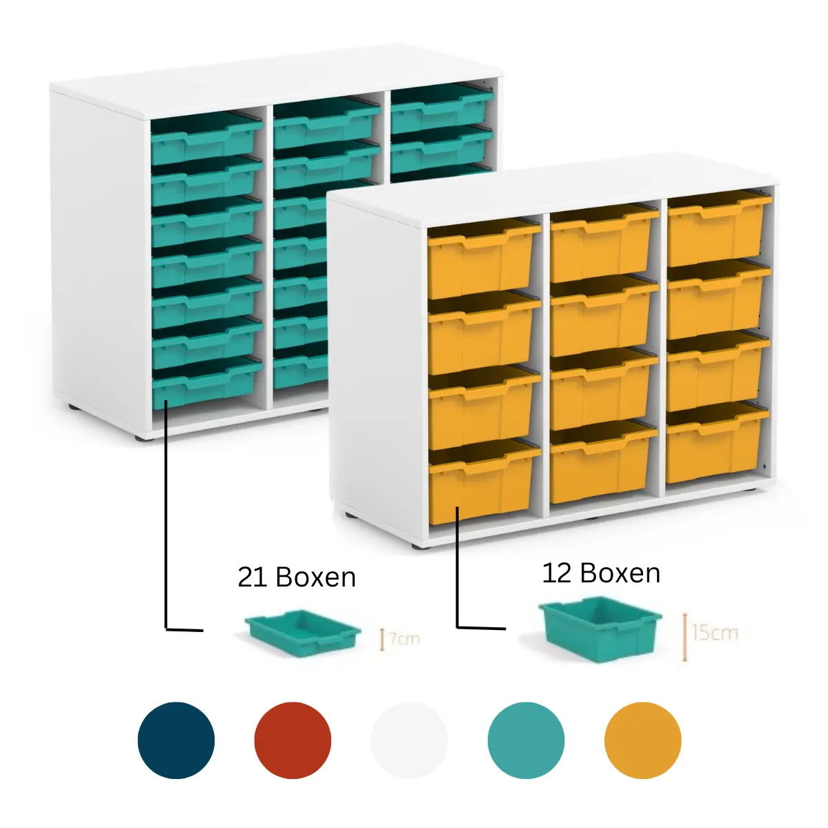 Materialschrank für Klassenzimmer mit 12 farbigen Kunststoffboxen.