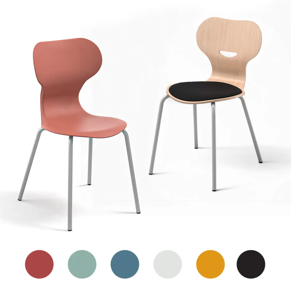 Stapelbarer Mehrzweckstuhl mit Kunststoff- oder Holz-Sitzschale.