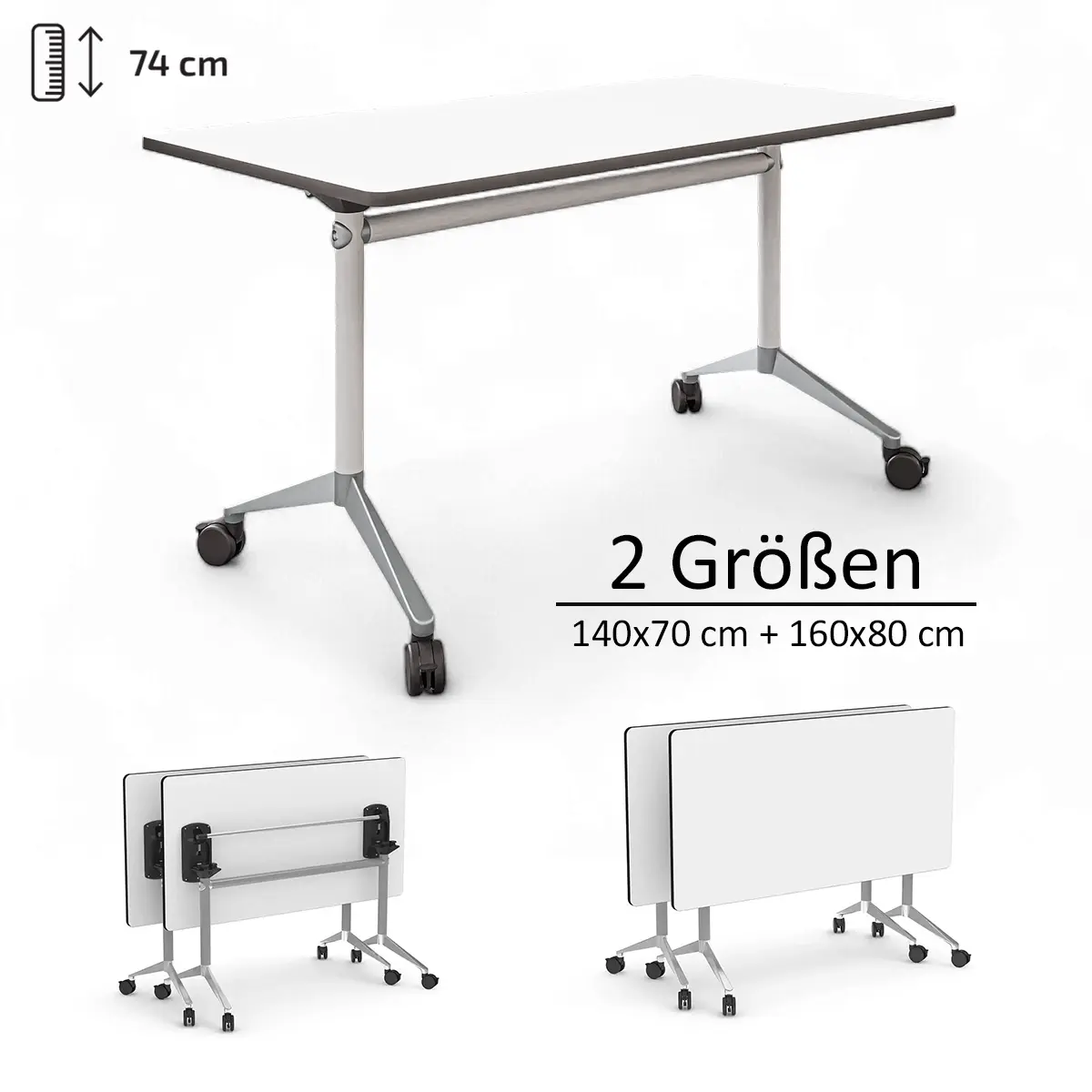 Mobiler Klapptisch mit Schwerlastrollen und Bremssystem für flexible Raumnutzung.