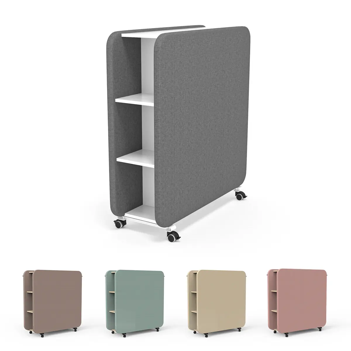 Mobiles Akustikregal in 4 verschiedenen Stofffarben für optimale Raumakustik.