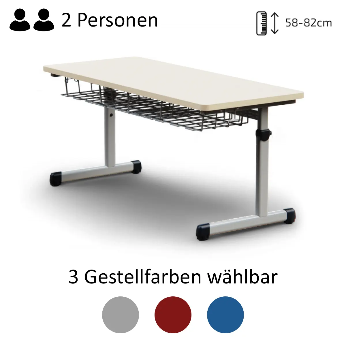 Schüler-Zweiertisch höhenverstellbar von 58-82 cm für zwei Schüler nebeneinander.