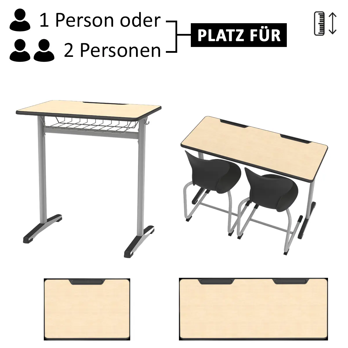 Schülertisch in Buche für 1 oder 2 Personen nebeneinander.