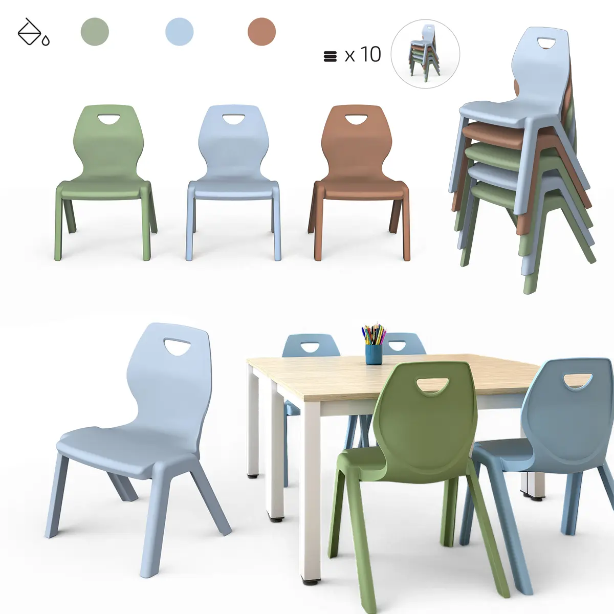 Stapelbarer Schul-Kinderstuhl in 3 verschiedenen Farben.