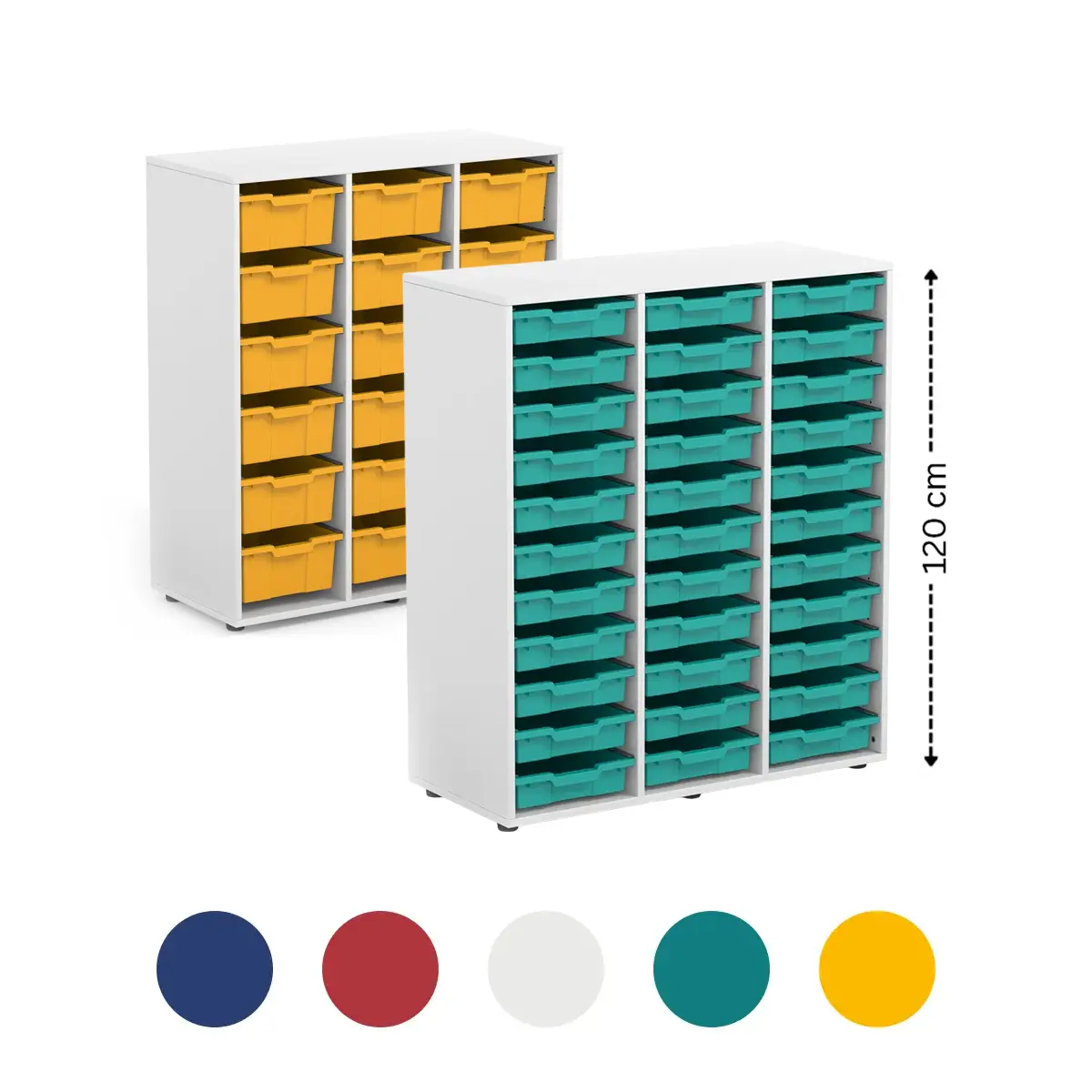 Schulmaterialschrank mit bunten Kunststoffboxen für Schulen und Büro.
