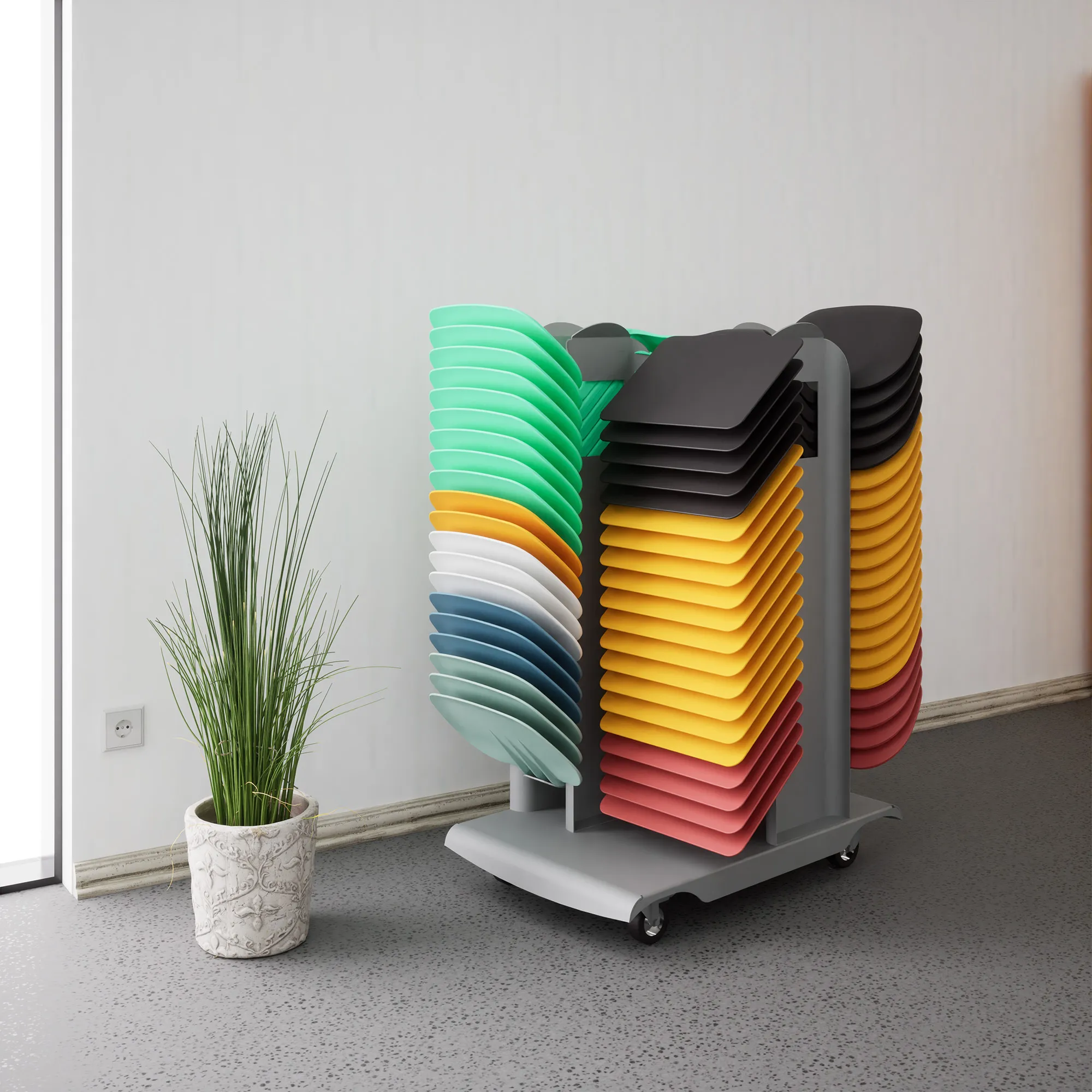 Z-Trolley Transportwagen beladen mit mehreren bunten Z-Tischen für einfachen Transport.