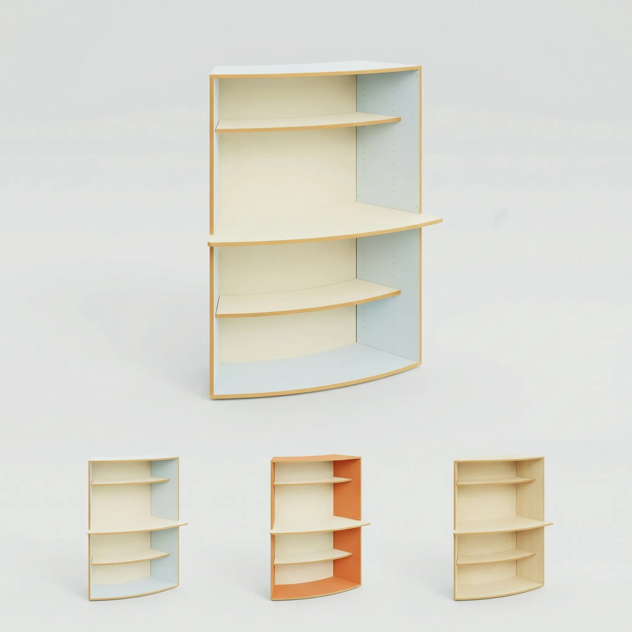 Gebogener Eckschrank in allen drei Farbvarianten: Hellblau, Helles Terrakotta und Ahorn Hell – melaminbeschichtete MDF mit Sperrholzoptik-Kanten