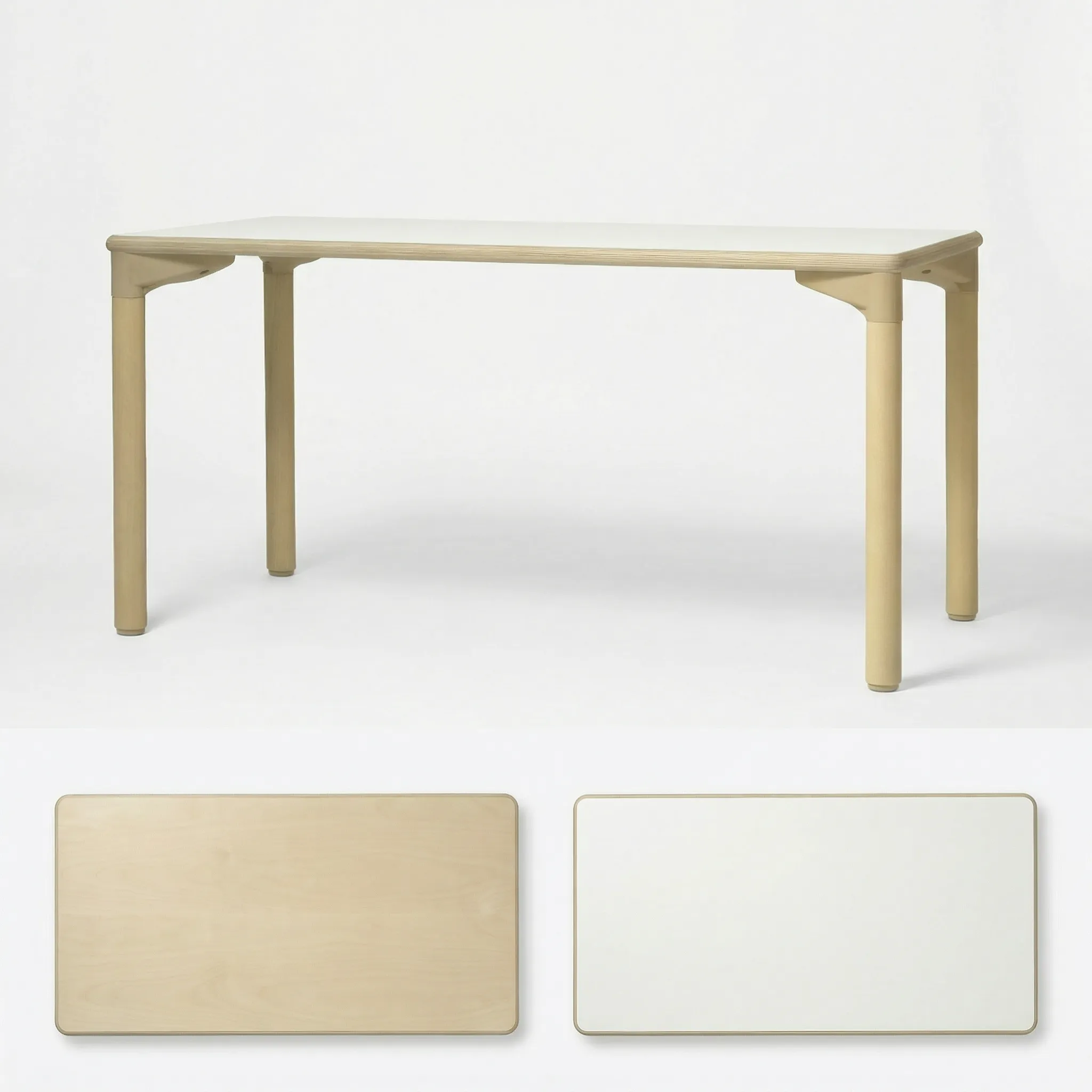 Kita-Tisch aus massivem Birkenholz mit weißer Tischplatte, darunter die zwei verfügbaren Oberflächen: Birke Natur und Weiß