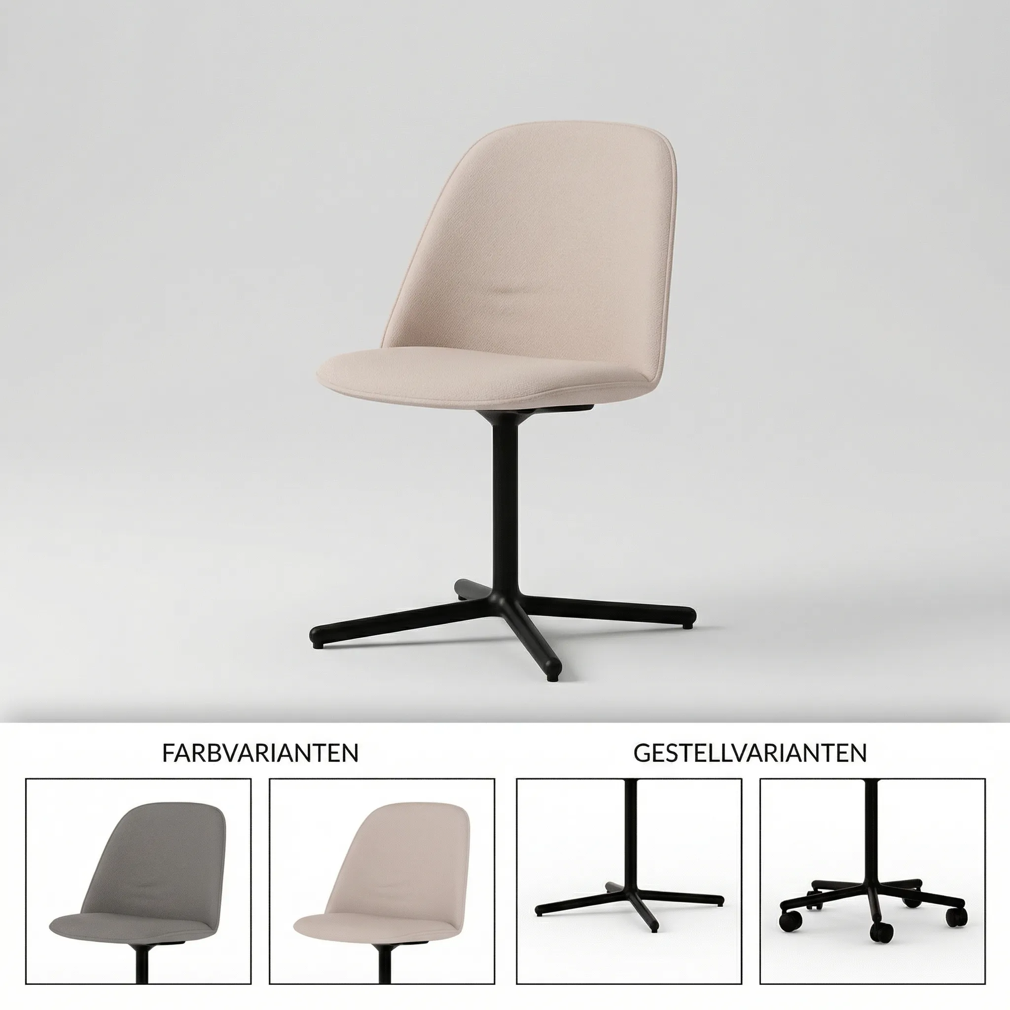 Gepolsterter Konferenzstuhl in Beige mit schwarzem 4-Stern-Gestell, darunter Farbvarianten in Grau und Beige sowie Gestellvarianten: 4-Stern feststehend und 5-Stern mit Rollen