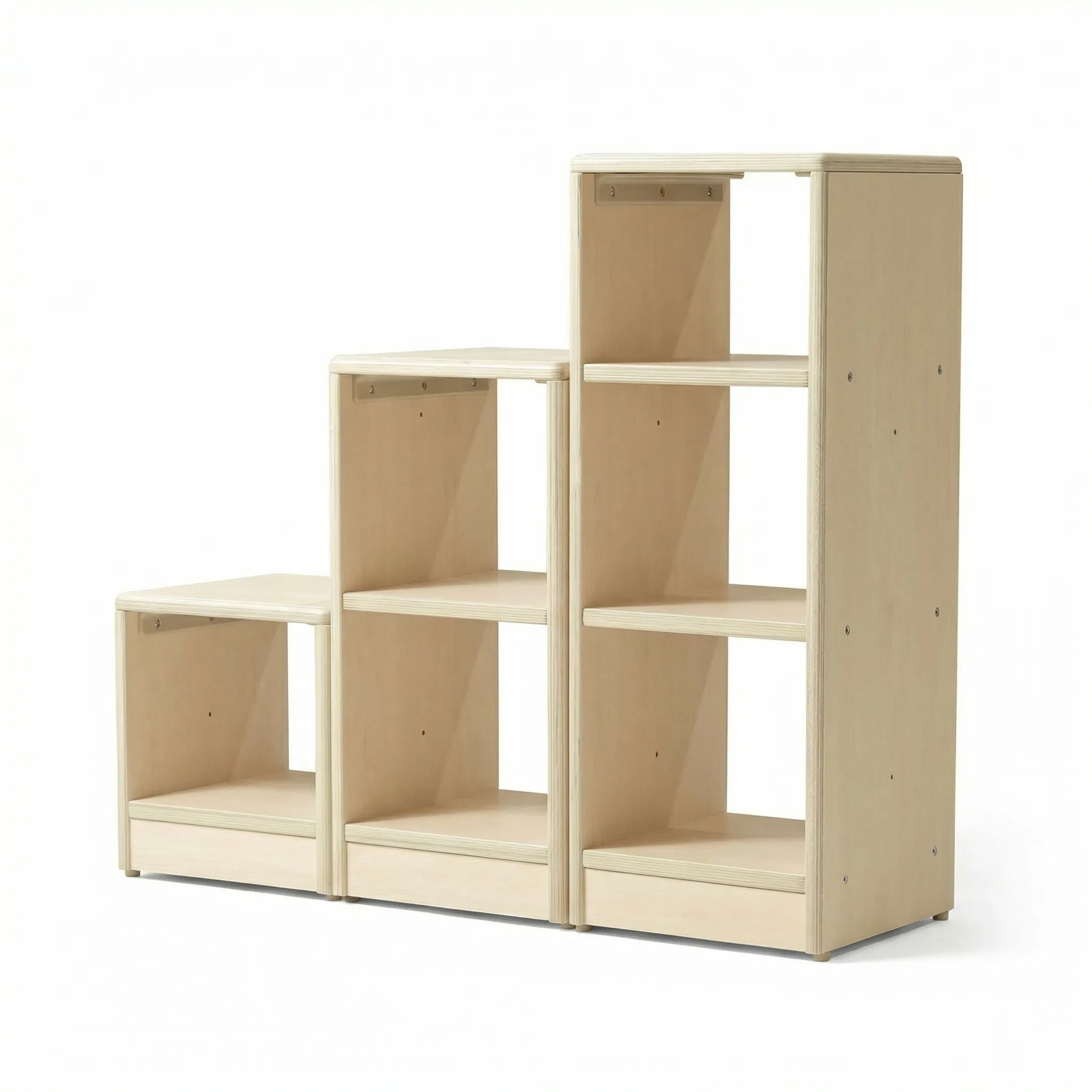 Modularer Schulschrank aus poliertem Birkensperrholz in Treppenform mit 6 Innenfächern und 3 offenen Ablagen – seitliche Ansicht