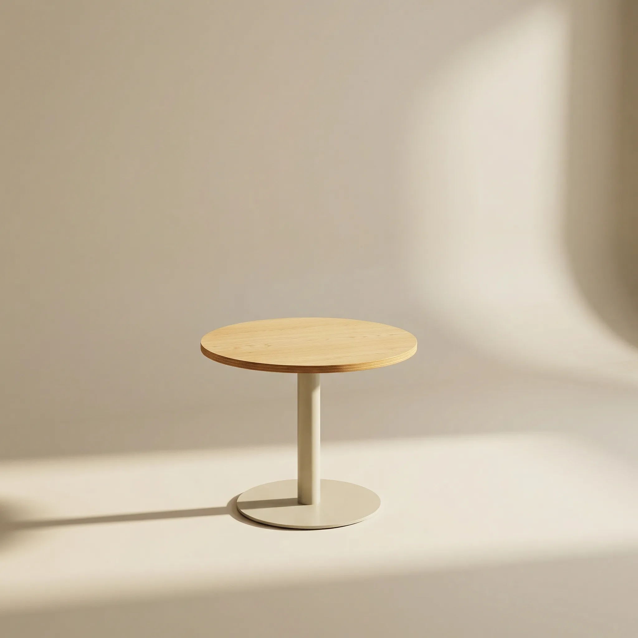 Runder Beistelltisch mit heller Ahorn-Tischplatte und cremefarbenem pulverbeschichtetem Metallgestell mit runder Bodenplatte
