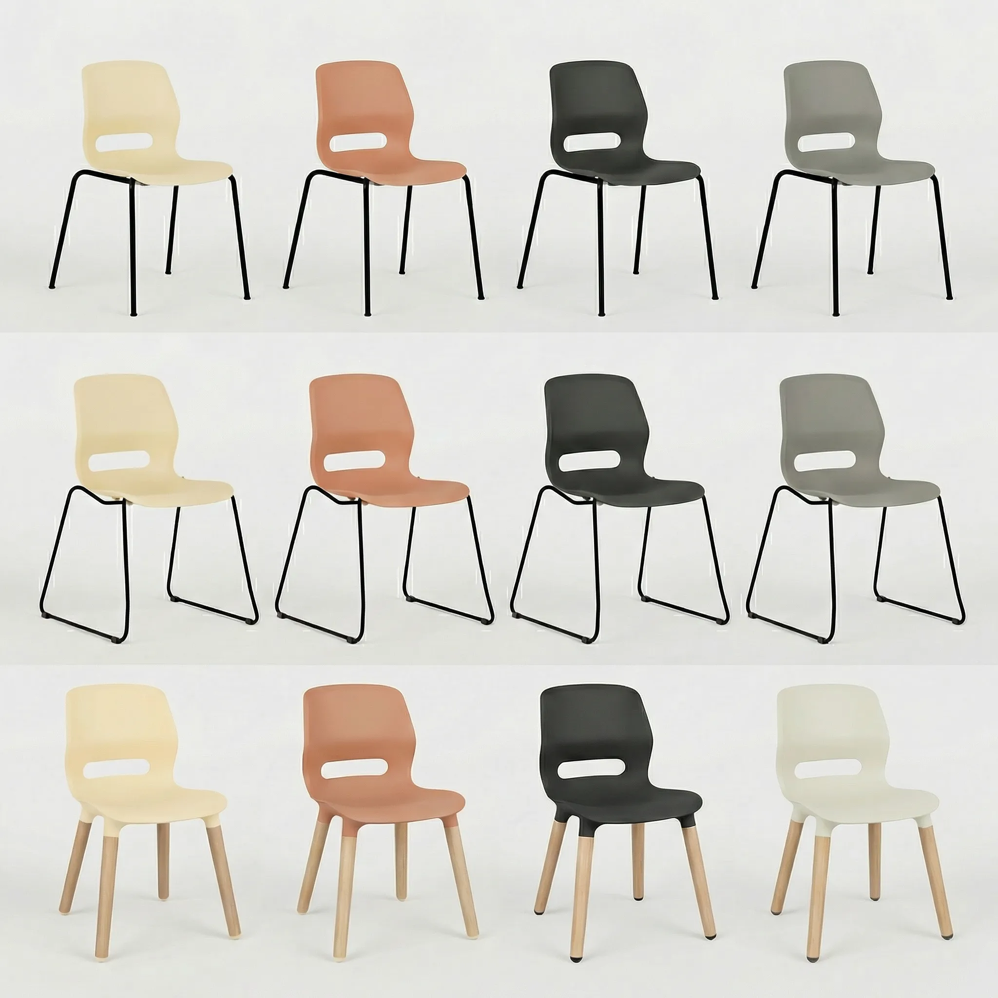 Übersicht aller zwölf Stuhlvarianten: vier Schalenfarben Cremeweiß, Hellterracotta, Schwarz und Steingrau jeweils mit 4-Fuß-Gestell, Kufengestell und Holzgestell aus Birke