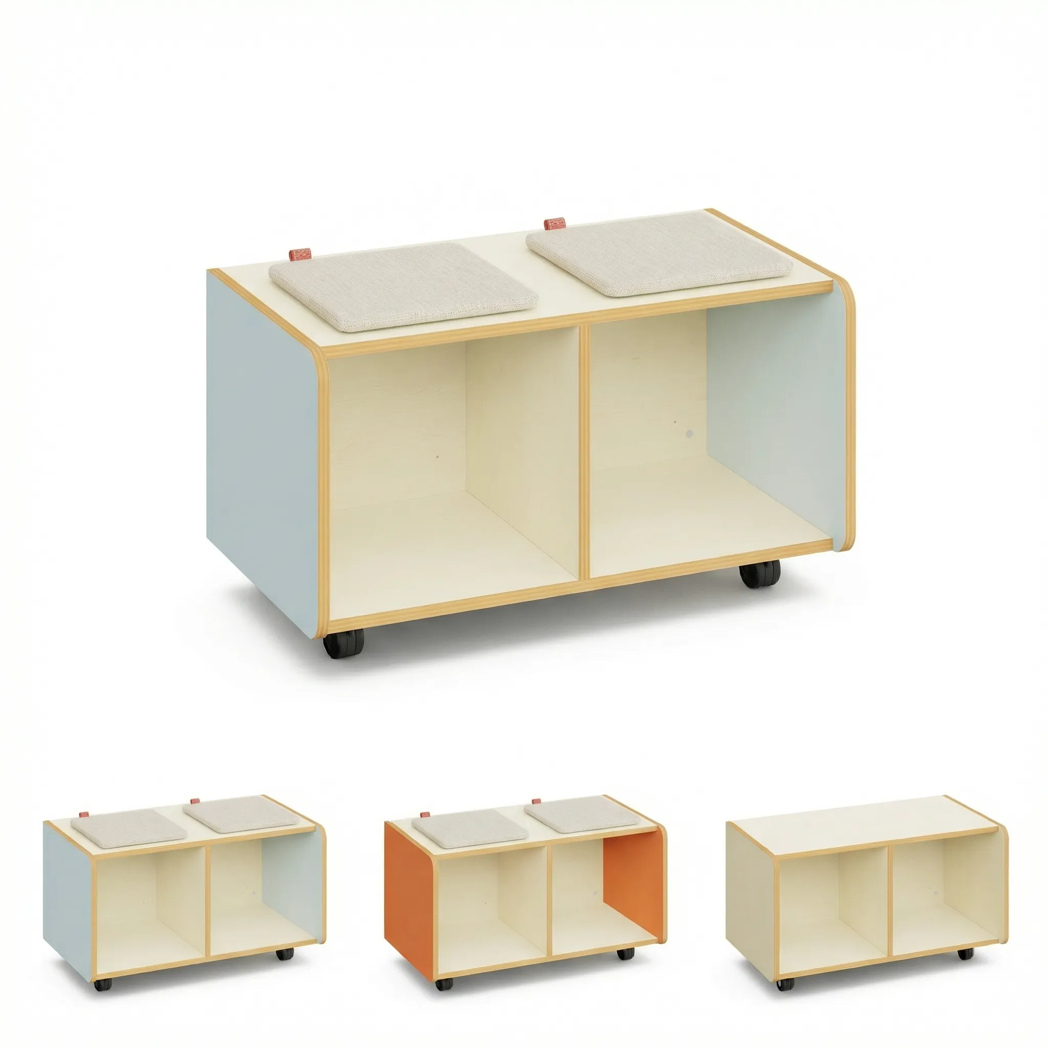 Sitzbank mit Stauraum in Hellblau mit Sitzkissen – darunter alle drei Farbvarianten: Hellblau, Helles Terrakotta und Ahorn Hell